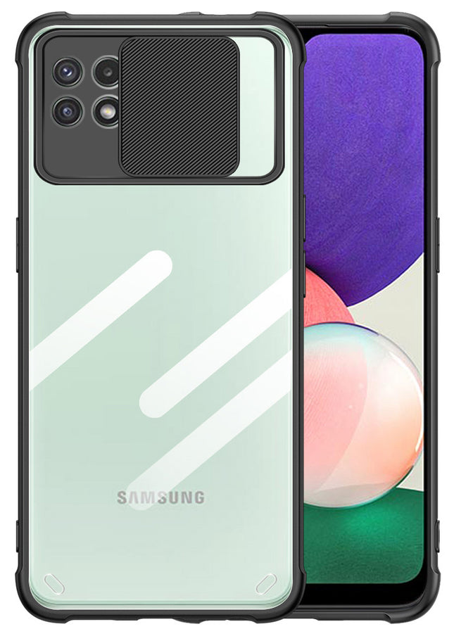 Slider Back Cover for Samsung Galaxy F42 (5G) / A22 (5G), [Military Grade Protection] Shockproof Slim Clear Camera Shield Bumper Back Case (Black)