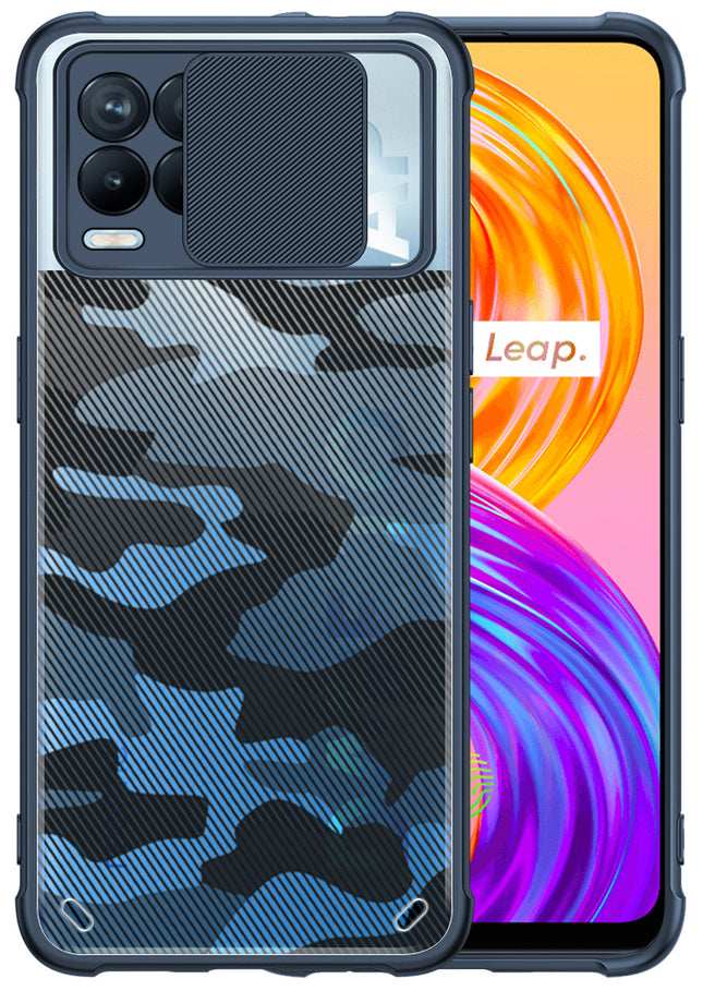 Camo Slider Back Cover for Realme 8 Pro / Realme 8 (4G) , [Military Grade Protection] Shockproof Slim Clear Camera Shield Bumper Back Case (Blue)