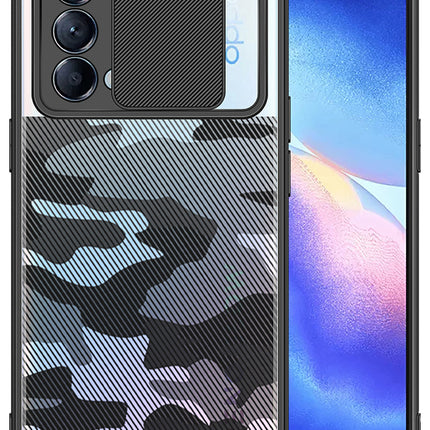 Camo Slider Back Cover for Oppo Reno 5 PRO , [Military Grade Protection] Shockproof Slim Clear Camera Shield Bumper Back Case (Black)