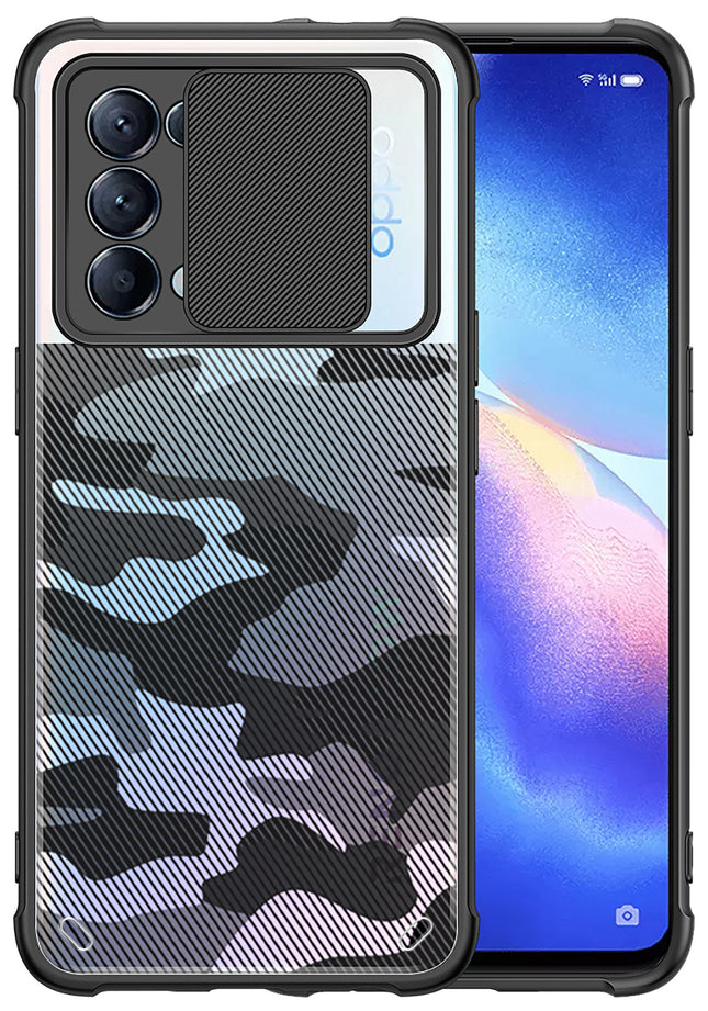 Camo Slider Back Cover for Oppo Reno 5 PRO , [Military Grade Protection] Shockproof Slim Clear Camera Shield Bumper Back Case (Black)