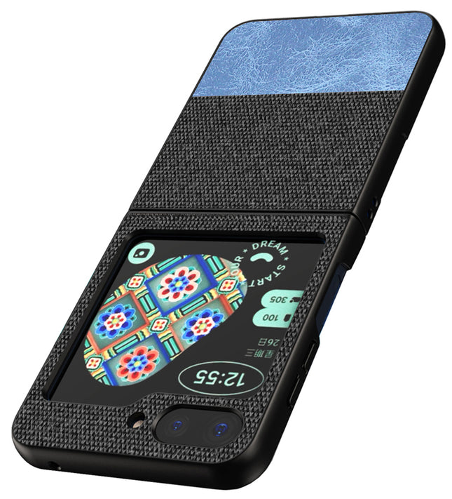 KAPA Soft Fabric & Leather Hybrid Protective Back Cover for Samsung Galaxy Z Flip 5 | Shockproof Slim Hard Anti Slip Back Case (Black , Blue)