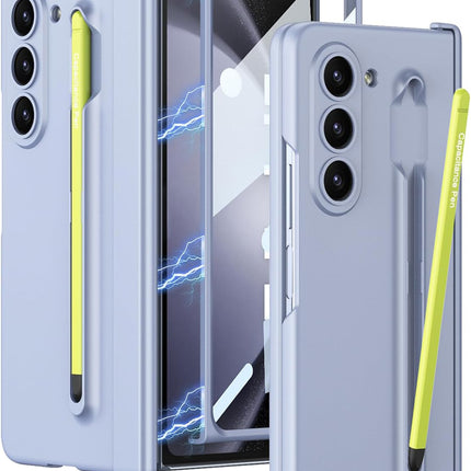 Mobizang Contrast Magnetic Hinge Case for Samsung Galaxy Z Fold 5 | Inbuilt S-Pen Holder Stand Hybrid Back Cover (Light Blue with Green Pen)