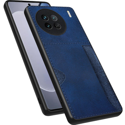 Mobizang Razor Wallet Back Case for Vivo X90 (5G) | Slim PU Leather & Fabric Cover with Inbuilt Card Pocket (Blue)