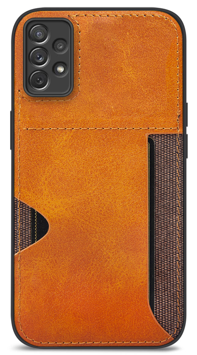 Mobizang Razor Wallet Back Case for Samsung Galaxy A73 (5G) , Slim PU Leather & Fabric Cover With Inbuilt Card Pocket (Brown)