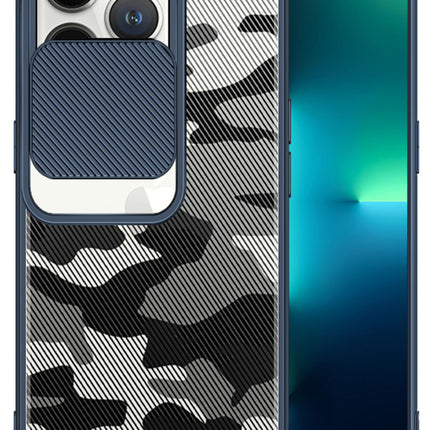 Camo Slider Back Cover for Apple iPhone 13 Pro, [Military Grade Protection] Shockproof Slim Clear Camera Shield Bumper Back Case (Blue)