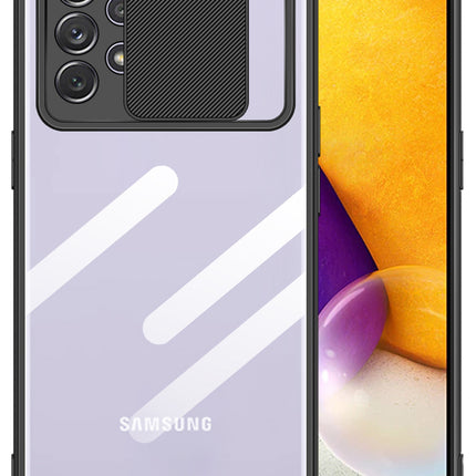 Slider Back Cover for Samsung Galaxy M32 (5G), [Military Grade Protection] Shockproof Slim Clear Camera Shield Bumper Back Case (Black)
