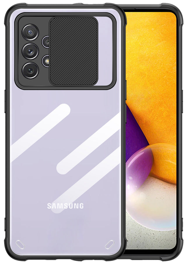 Slider Back Cover for Samsung Galaxy M32 (5G), [Military Grade Protection] Shockproof Slim Clear Camera Shield Bumper Back Case (Black)