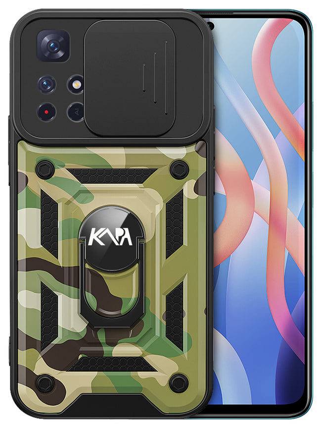 Tank Back Cover for Redmi Note 11T  (5G) , Inbuilt Ring + Slider Shockproof Lens Protection Case (Green)