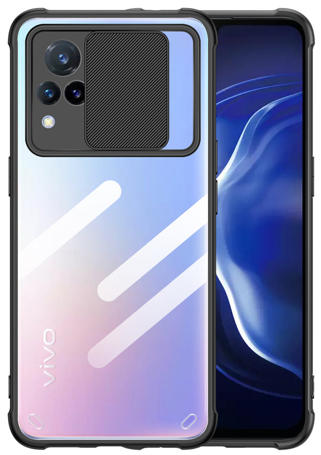 Slider Back Cover for Vivo V21 , [Military Grade Protection] Shockproof Slim Clear Camera Shield Bumper Back Case (Black)