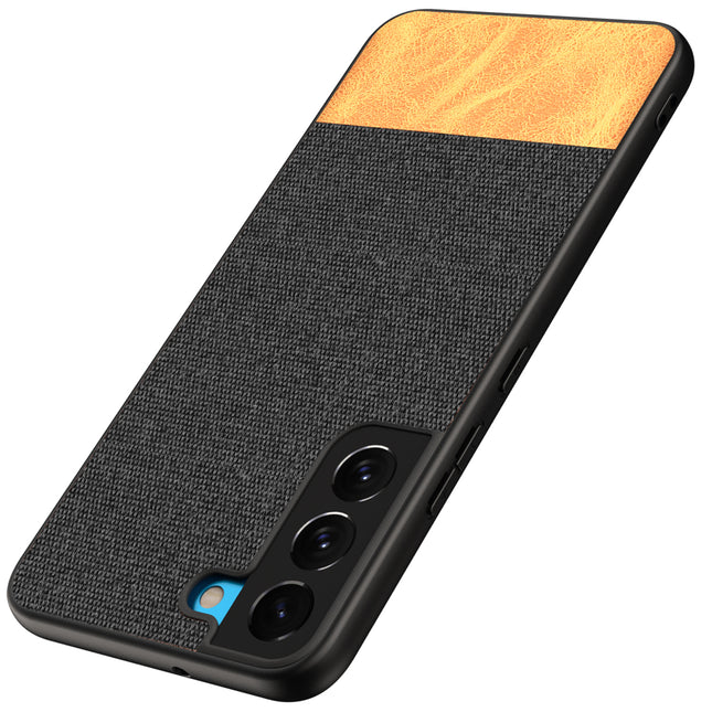 Soft Fabric & Leather Hybrid for Samsung Galaxy S21 FE Back Cover, Shockproof Protection Slim Hard Back Case (Black ,Brown)