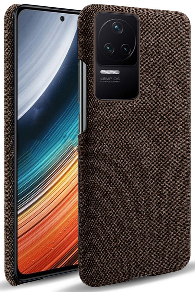 Mobizang Woven Soft Fabric Case for Poco F4 (5G) Back Cover,  Shock Protection Slim Hard Anti Slip Back Cover (Brown)