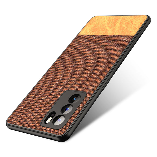 Soft Fabric & Leather Hybrid for Oppo Reno 6 Pro Back Cover, Shockproof Protection Slim Hard Back Case (Brown)