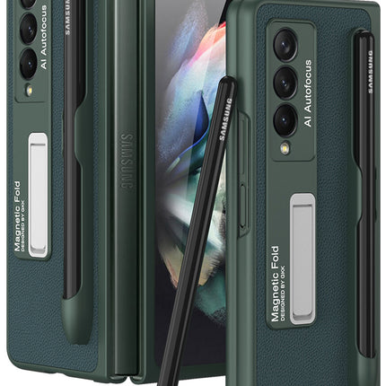 Leather Case With S Pen Holder for Samsung Galaxy Z Fold3 , Inbuilt Stand Hybrid Stand Protection Back Cover, Green