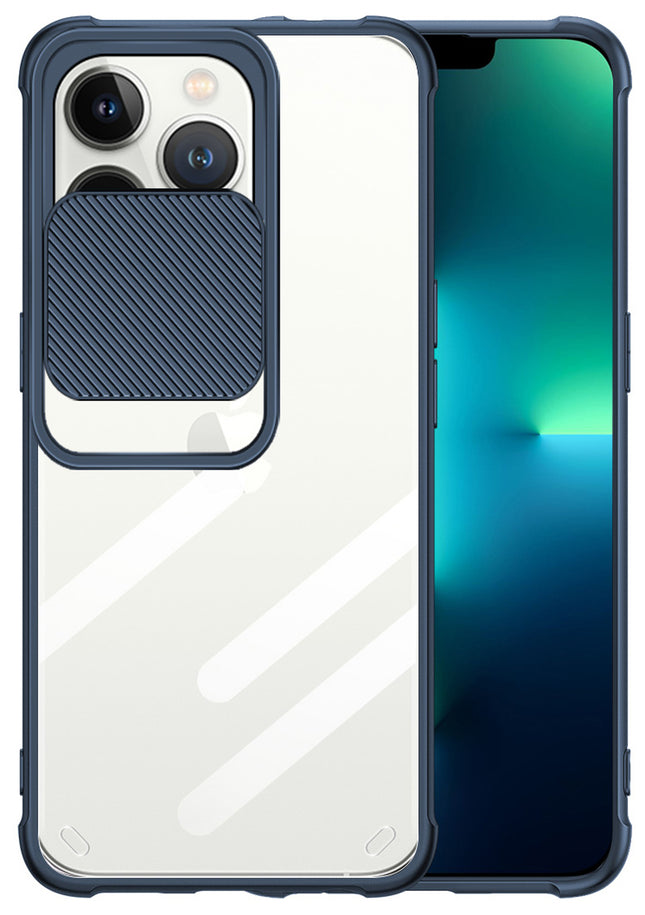 Slider Back Cover for Apple iPhone 13 Pro , [Military Grade Protection] Shockproof Slim Clear Camera Shield Bumper Back Case (Blue)