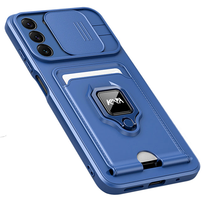 Bisen Back Cover for Samsung Galaxy S22 Plus , Inbuilt Camera Slider ,Ring Stand and Card Pocket Shockproof Slim Bumper Back Case (Blue)