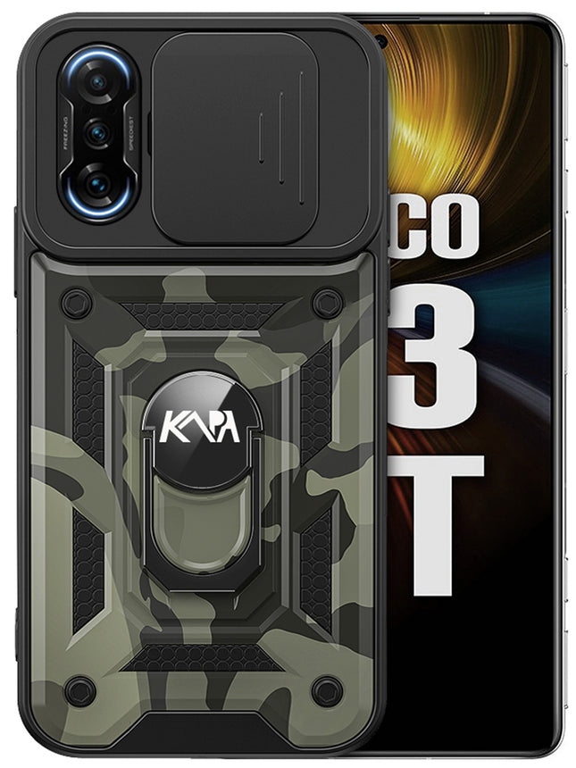 Tank Back Cover for Poco F3 GT , Inbuilt Ring + Slider Shockproof Lens Protection Case (Black)