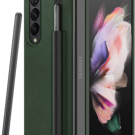 Leather Case With S Pen Holder for Samsung Galaxy Z Fold3 , 360 Full Body Protection Cover, Green