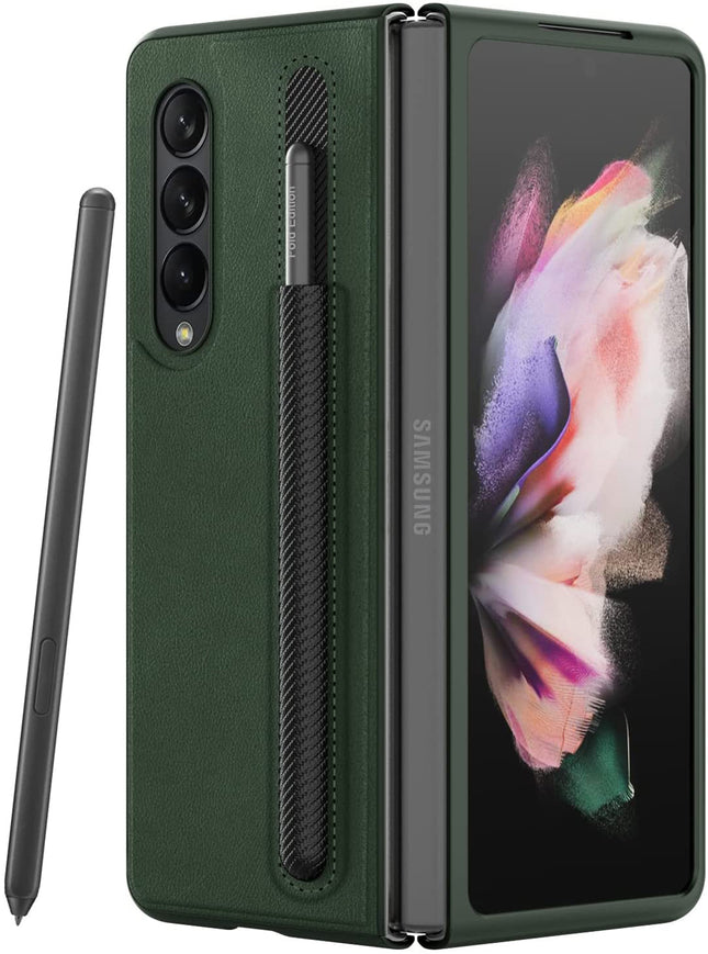 Leather Case With S Pen Holder for Samsung Galaxy Z Fold3 , 360 Full Body Protection Cover, Green