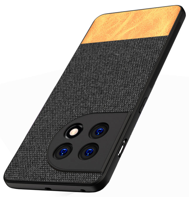 Mobizang Soft Fabric & Leather Hybrid for OnePlus 11 Back Cover | Shockproof Hybrid Slim Hard Anti Slip Back Case (Black, Brown)