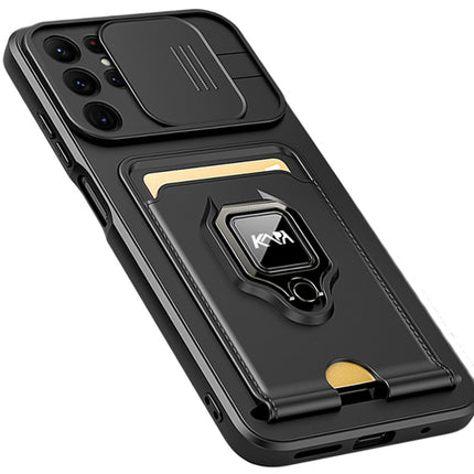 Bisen Back Cover for Samsung Galaxy S22 Ultra , Inbuilt Camera Slider ,Ring Stand and Card Pocket Shockproof Slim Bumper Back Case (Black)