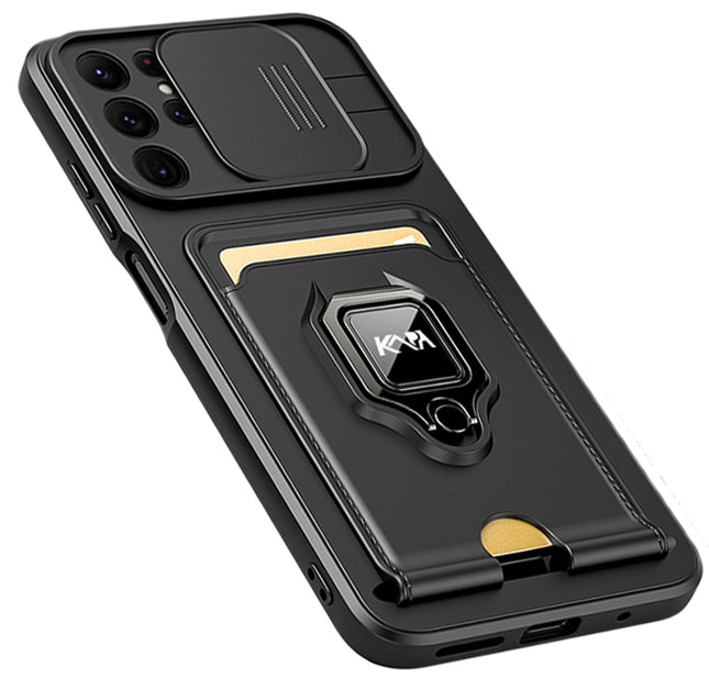 Bisen Back Cover for Samsung Galaxy S22 Ultra , Inbuilt Camera Slider ,Ring Stand and Card Pocket Shockproof Slim Bumper Back Case (Black)