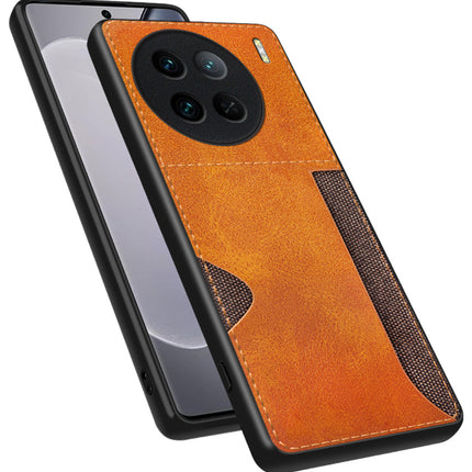 Mobizang Razor Wallet Back Case for Vivo X90 Pro (5G) | Slim PU Leather & Fabric Cover with Inbuilt Card Pocket (Brown)