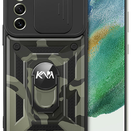 Tank Back Cover for Samsung Galaxy S21 FE, Inbuilt Ring + Slider Shockproof Lens Protection Case (Black)