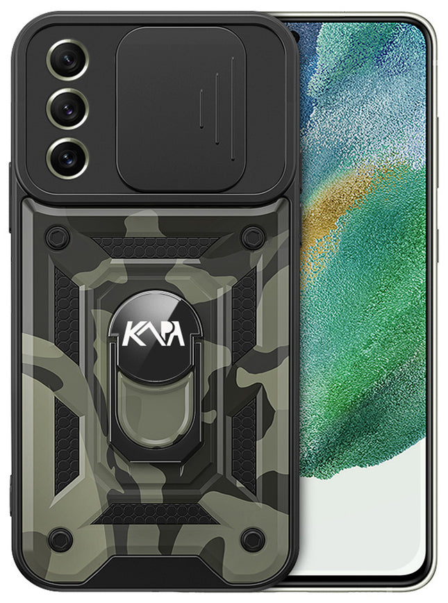 Tank Back Cover for Samsung Galaxy S21 FE, Inbuilt Ring + Slider Shockproof Lens Protection Case (Black)