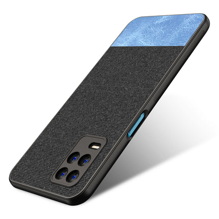 Soft Fabric & Leather Hybrid for Realme 8 (5G) Back Cover, Shockproof Protection Slim Hard Back Case (Black, Blue)
