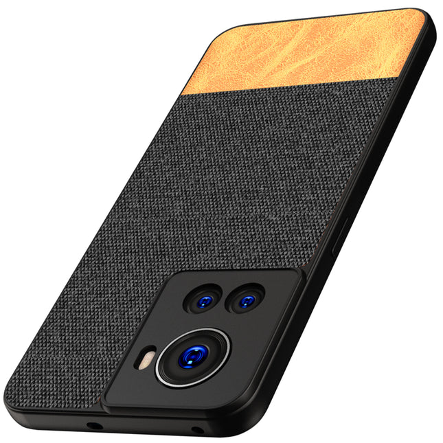 Soft Fabric & Leather Hybrid Protective Back Case Cover for Oneplus 10R (Black , Brown)