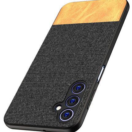 Mobizang Soft Fabric & Leather Hybrid Protective Case Cover for Samsung Galaxy F34 (5G) / M34 (5G) | Shockproof Slim Hard Anti Slip Back Case (Black,Brown)
