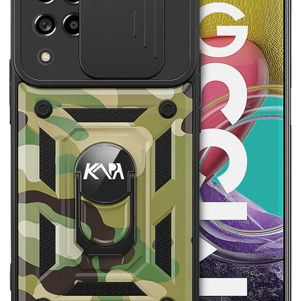 Mobizang Tank Back Cover for Samsung Galaxy M53 (5G), Inbuilt Ring + Slider Shockproof Lens Case (Green)