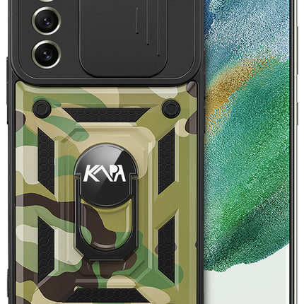 Tank Back Cover for Samsung Galaxy S21 FE, Inbuilt Ring + Slider Shockproof Lens Protection Case (Green)