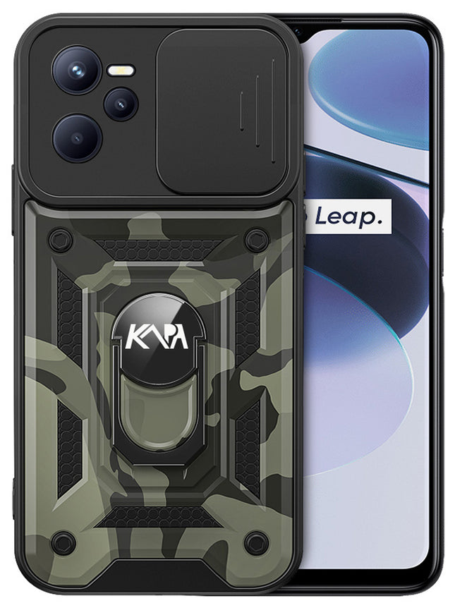 Tank Back Cover for Realme C35 , Inbuilt Ring + Slider Shockproof Lens  Protection Case (Black)