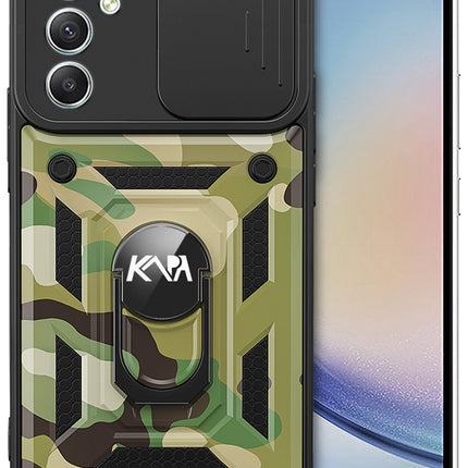 Mobizang Tank Back Cover for Samsung Galaxy A34 (5G) | Inbuilt Ring + Slider Shockproof Lens Protection Case (Green)