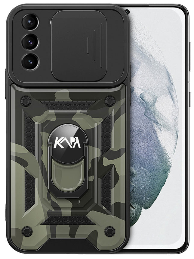 Tank Back Cover for Samsung Galaxy S22 Plus , Inbuilt Ring + Slider Shockproof Lens Protection Case (Black)