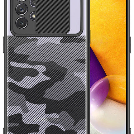 Camo Slider Back Cover for Samsung Galaxy A32 (5G) , [Military Grade Protection] Shockproof Slim Clear Camera Shield Bumper Back Case (Black)