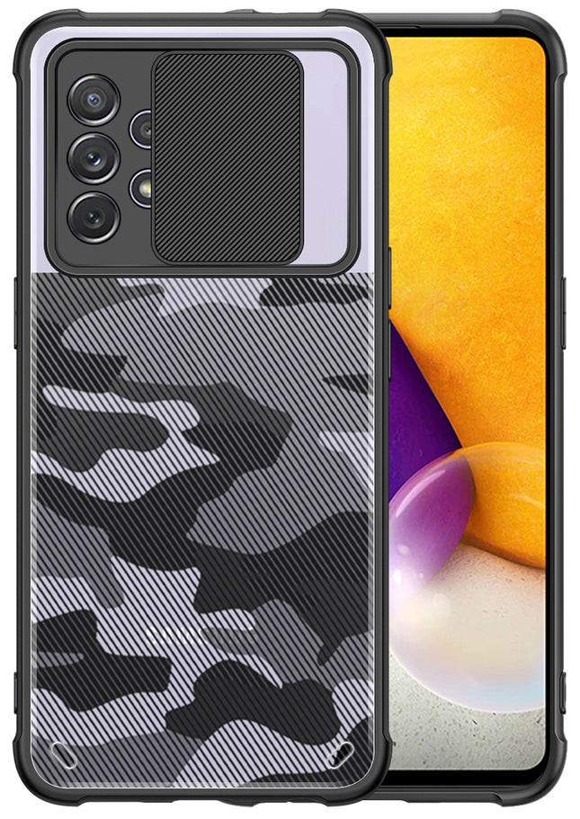 Camo Slider Back Cover for Samsung Galaxy A32 (5G) , [Military Grade Protection] Shockproof Slim Clear Camera Shield Bumper Back Case (Black)