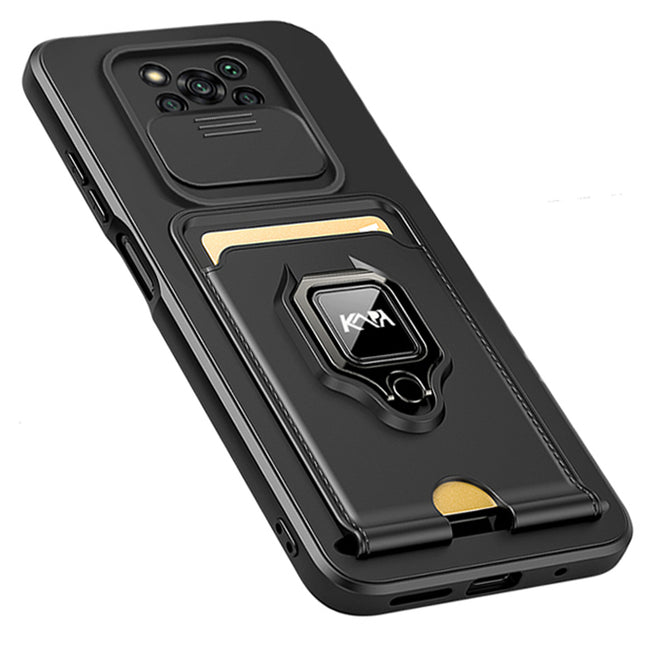 Bisen Back Cover for Poco X3 Pro / Poco X3 , Inbuilt Camera Slider ,Ring Stand and Card Pocket Shockproof Slim Bumper Back Case (Black)