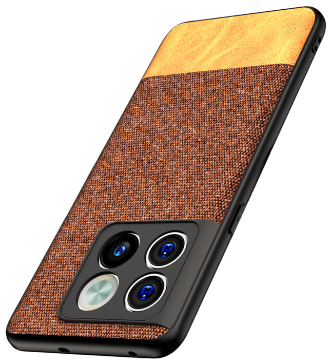 Mobizang Soft Fabric & Leather Hybrid Protective Case Cover for OnePlus 10T (Brown)