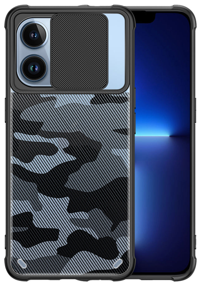 Camo Slider Back Cover for Apple iPhone 13 Pro Max , [Military Grade Protection] Shockproof Slim Clear Camera Shield Bumper Back Case (Black)