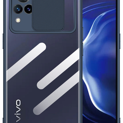 Slider Back Cover for Vivo V21 , [Military Grade Protection] Shockproof Slim Clear Camera Shield Bumper Back Case (Blue)