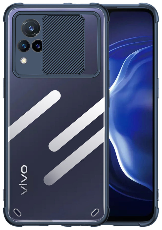 Slider Back Cover for Vivo V21 , [Military Grade Protection] Shockproof Slim Clear Camera Shield Bumper Back Case (Blue)