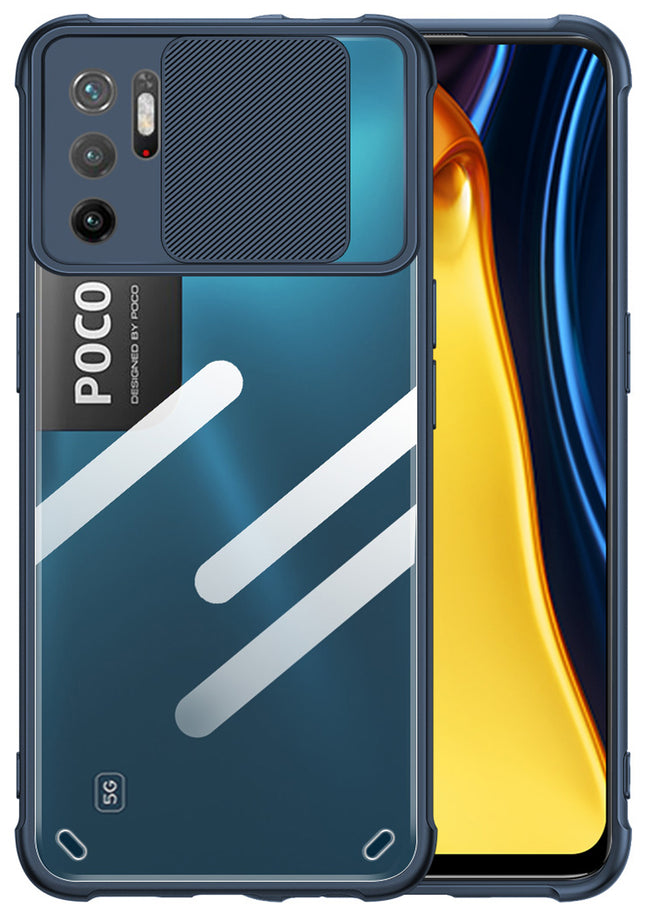 Slider Back Cover for Poco M3 PRO, [Military Grade Protection] Shockproof Slim Clear Camera Shield Bumper Back Case (Blue)