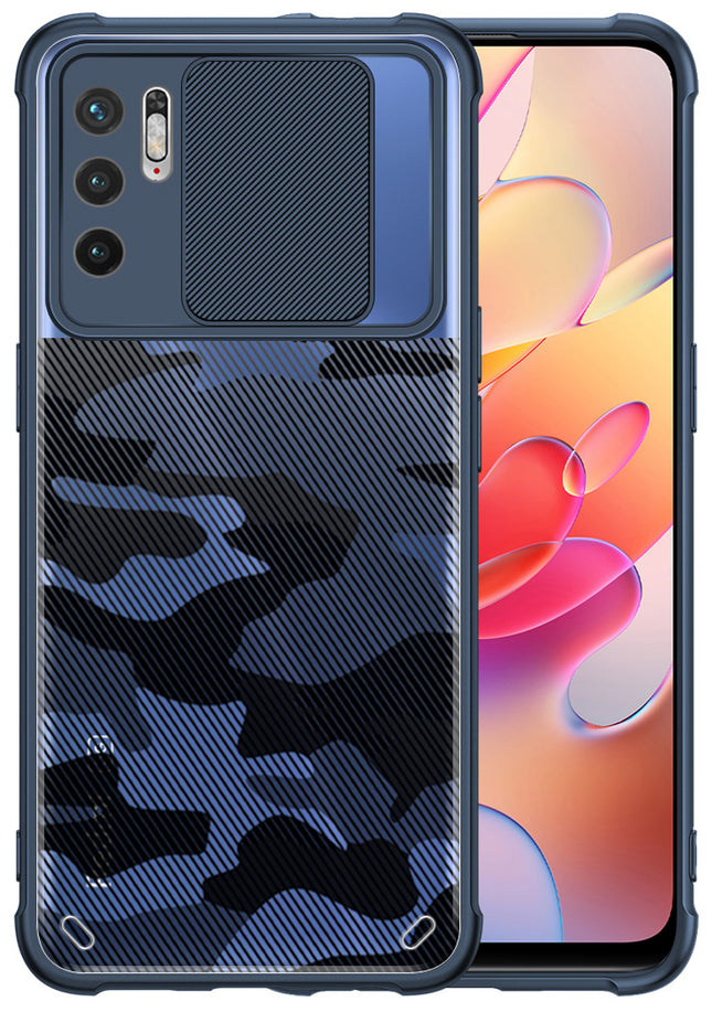 Camo Slider Back Cover for Poco M3 PRO / Redmi Note 10T 5G , [Military Grade Protection] Shockproof Slim Clear Camera Shield Bumper Back Case (Blue)
