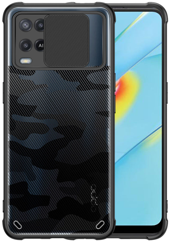 Camo Slider Back Cover for Oppo A54 , [Military Grade Protection] Shockproof Slim Clear Camera Shield Bumper Back Case (Black)
