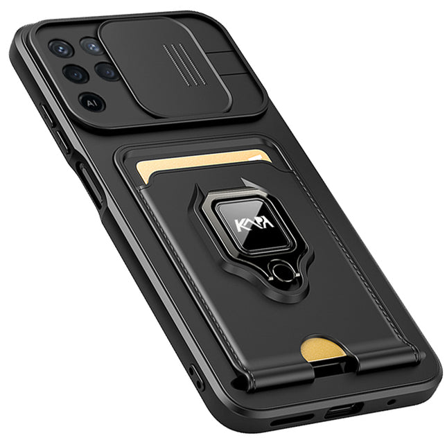Bisen Back Cover for Oppo F19 Pro , Inbuilt Camera Slider ,Ring Stand and Card Pocket Shockproof Slim Bumper Back Case (Black)
