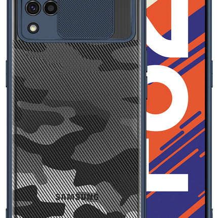 Camo Slider Back Cover for Samsung Galaxy F62 , [Military Grade Protection] Shockproof Slim Clear Camera Shield Bumper Back Case (Blue)