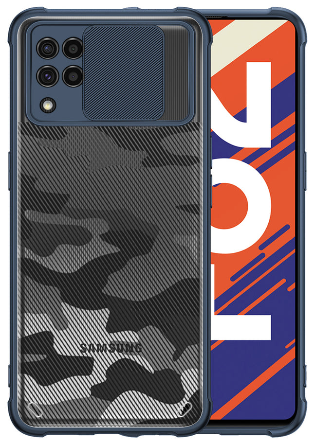 Camo Slider Back Cover for Samsung Galaxy F62 , [Military Grade Protection] Shockproof Slim Clear Camera Shield Bumper Back Case (Blue)