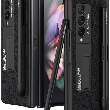 Leather Case With S Pen Holder for Samsung Galaxy Z Fold3 , Inbuilt Stand Hybrid Stand Protection Back Cover, Black